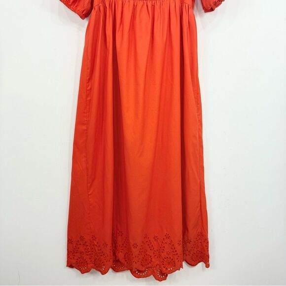 Style House Coral Red Puff Sleeve Keyhole Tie Bust Lacy Hem Maxi Peasant Dress - Picture 11 of 15